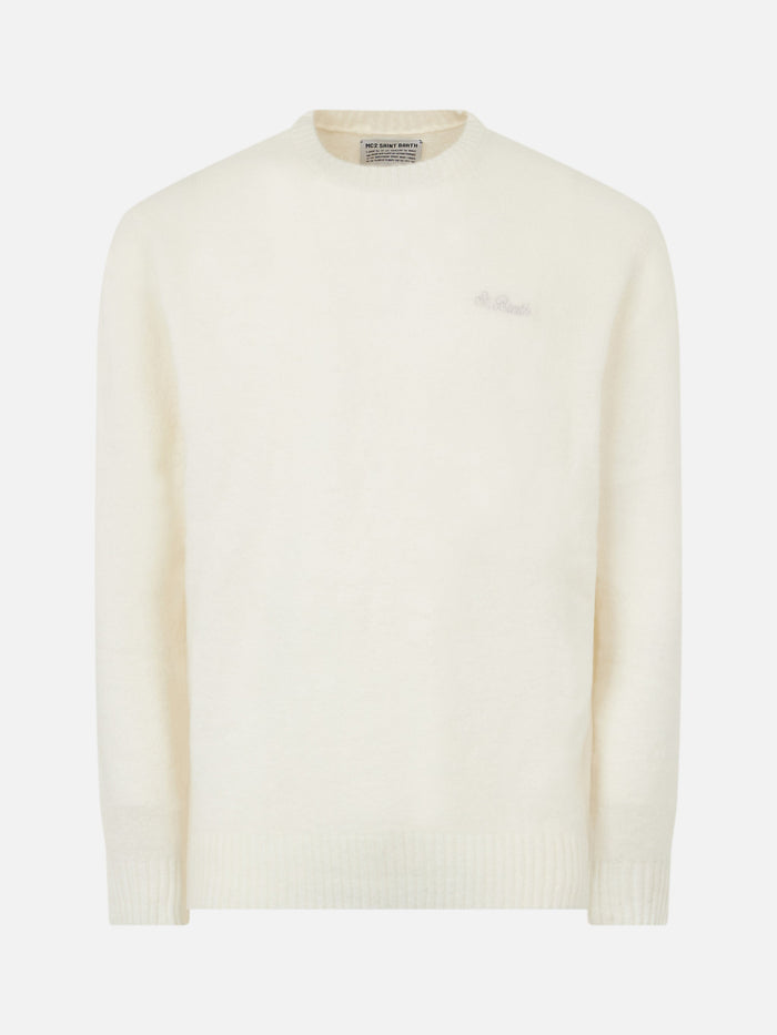 Man White Stretch Wool Sweater With St. Barth Embroidery