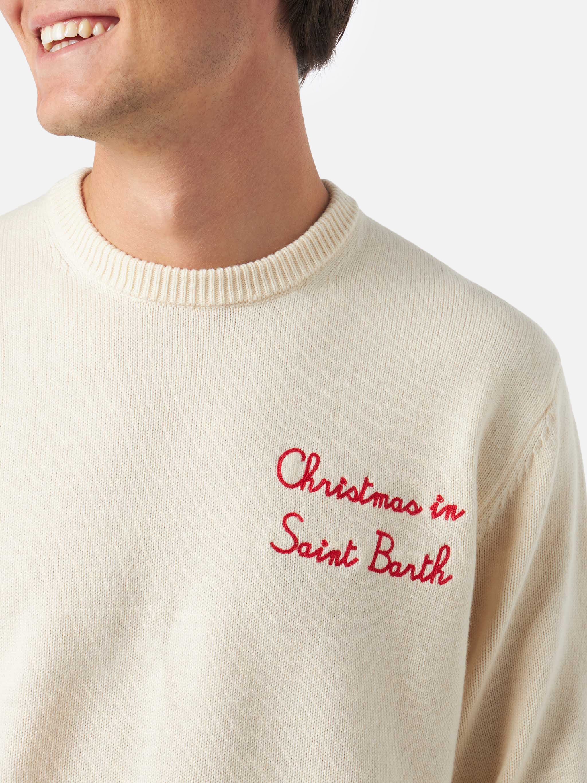 Crewneck Sweater Heron With Christmas Saint Barth Embroidery White
