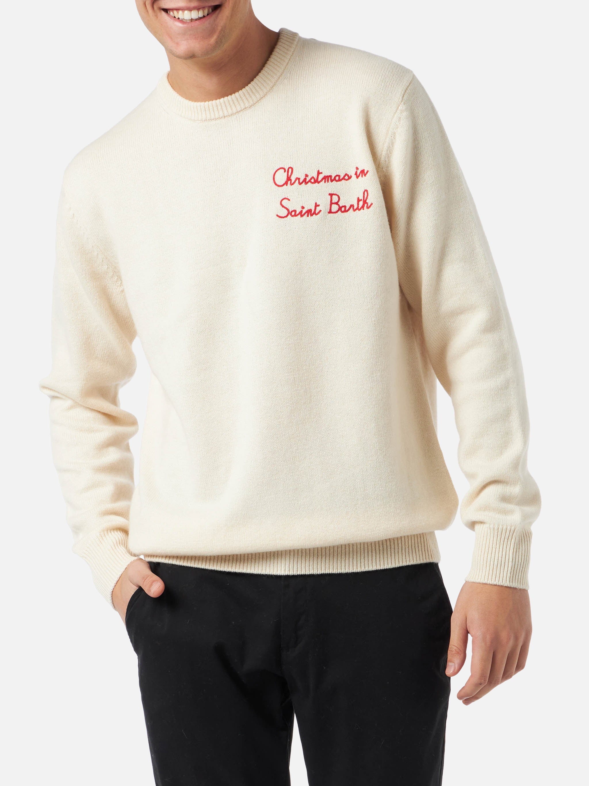 Crewneck Sweater Heron With Christmas Saint Barth Embroidery White