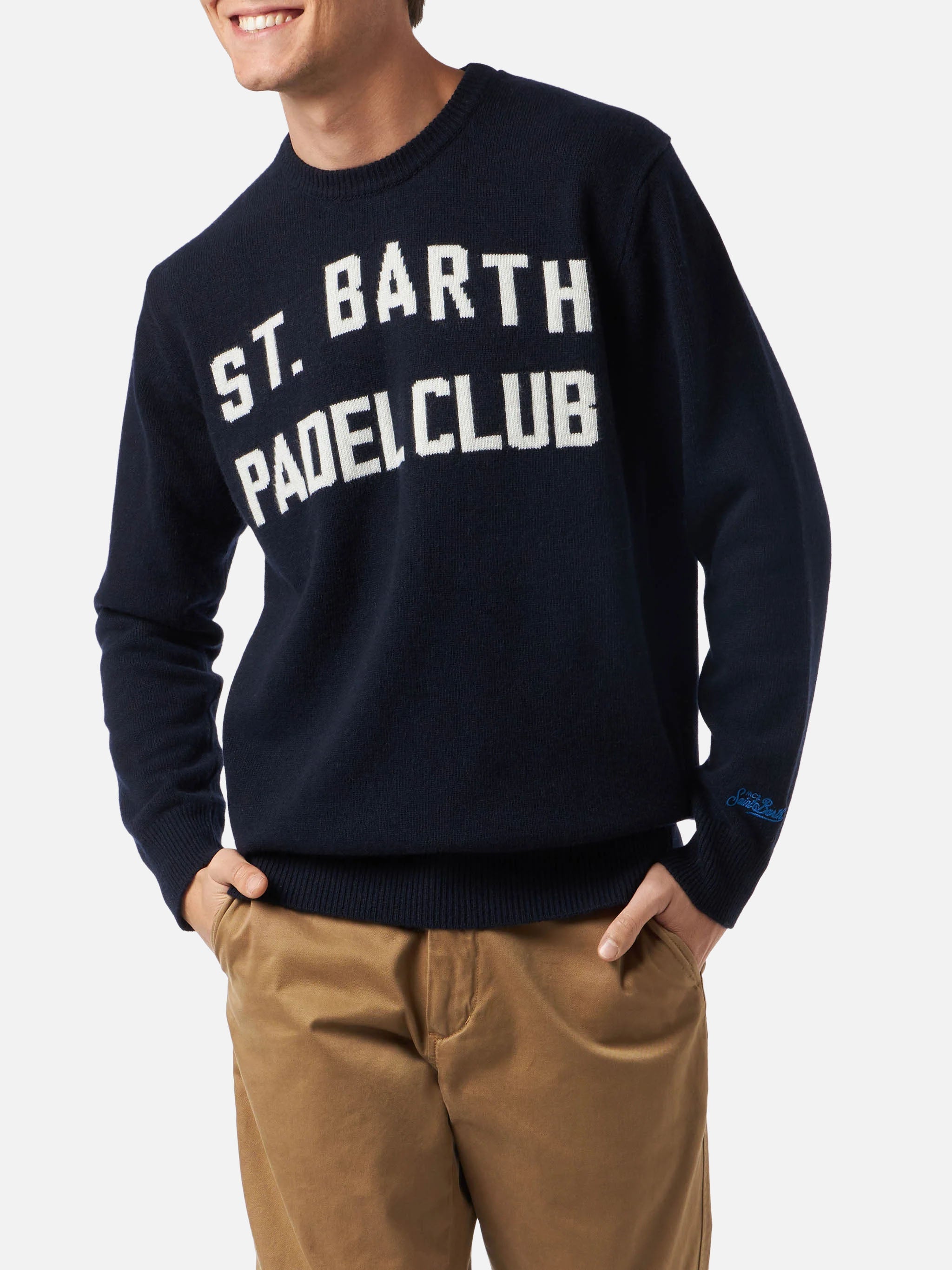 Crewneck Sweater Heron With St. Barth Padel Club Jacquard Blue