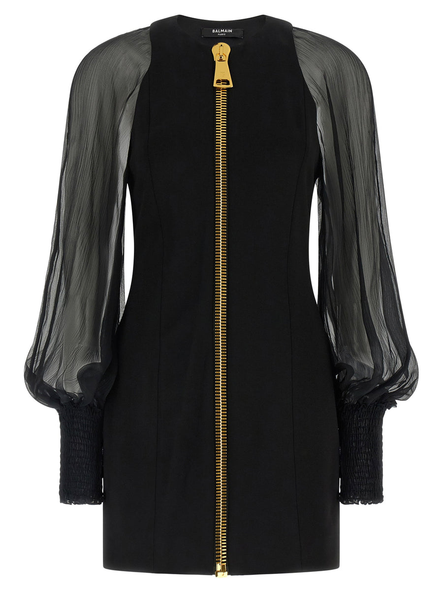 Balmain Gold Zip Semi-Transparent Muslin Dress — Black