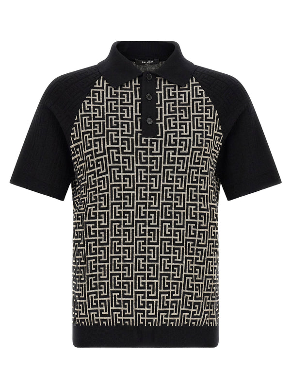 Balmain Monogram Jacquard Polo — Black