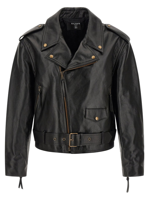 Balmain Textured Leather Biker Jacket — Black