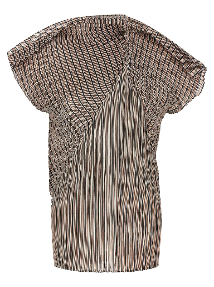 Issey Miyake Pleated Striped Blouse — Beige