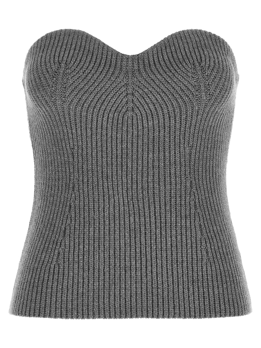 Jil Sander Off-Shoulder Ribbed Virgin Wool Sweater — Gray