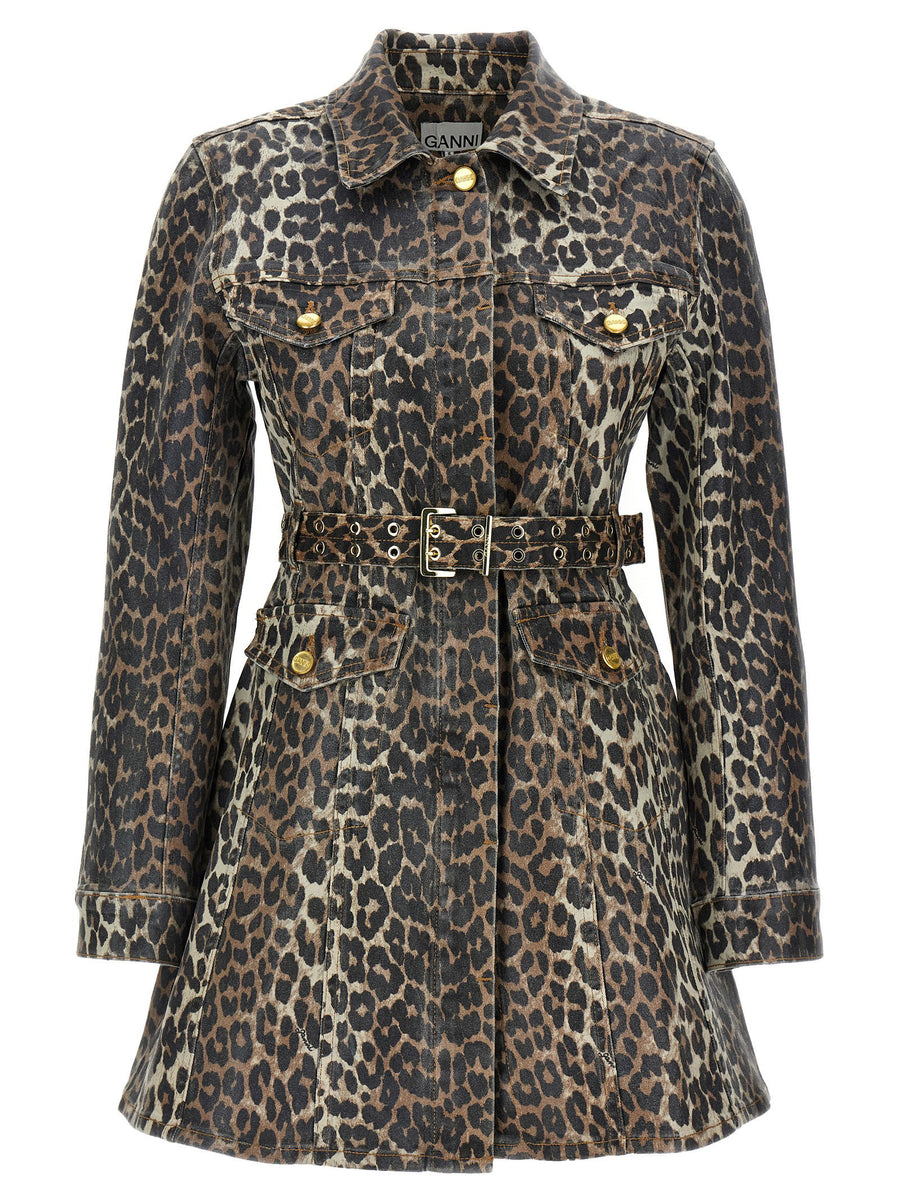 Ganni Leopard Print Cotton Denim Dress — Black