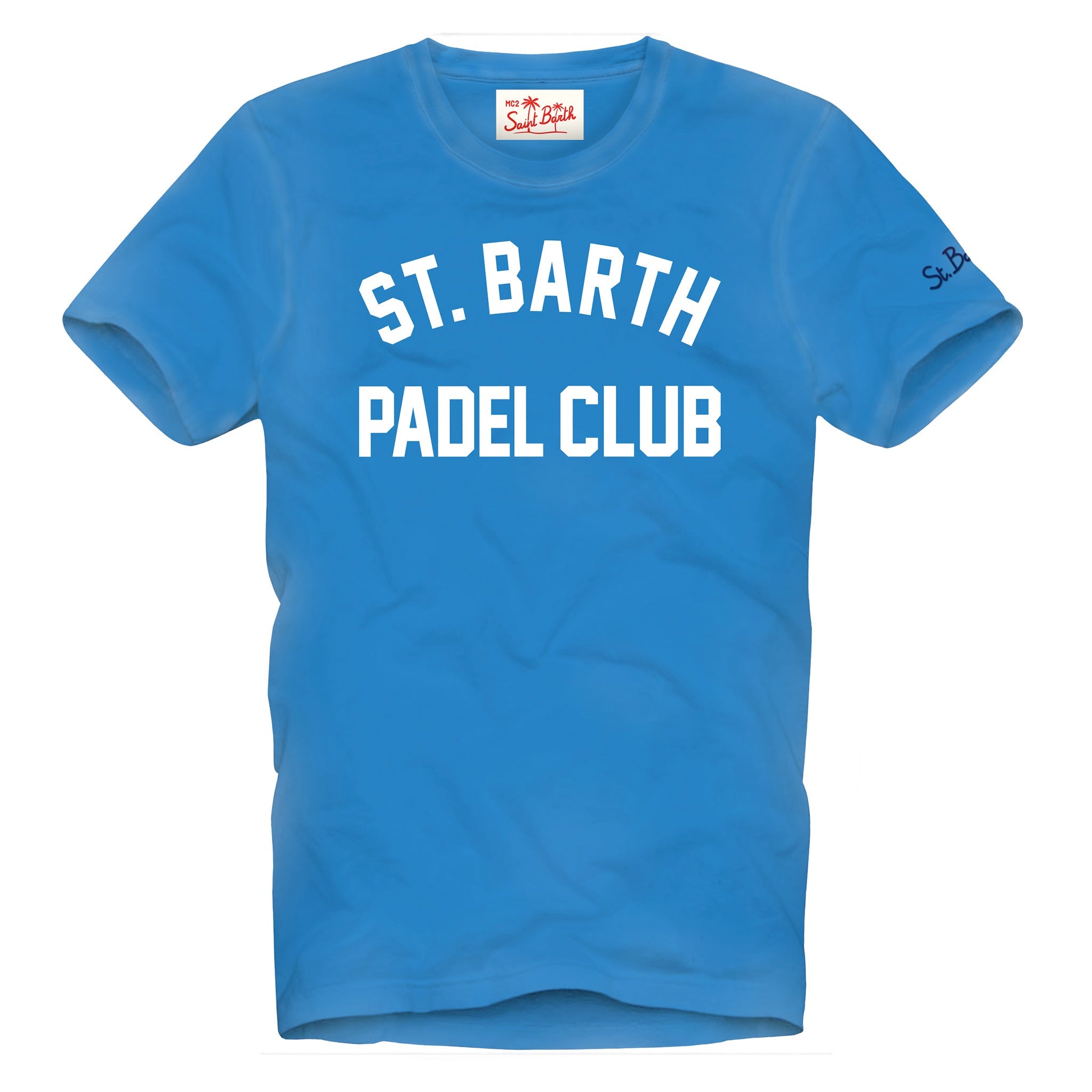 Man Cotton Vintage Treatment T-Shirt With St. Barth Padel Club Print Blue