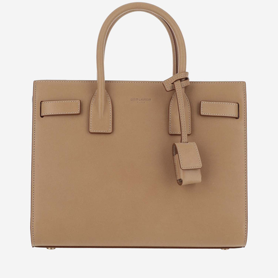 Leather Top-Handle Bag With Logo Brown Calfskin Shoulder