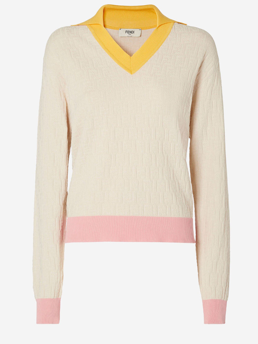 Sweater With Ff Pattern Beige Cotton