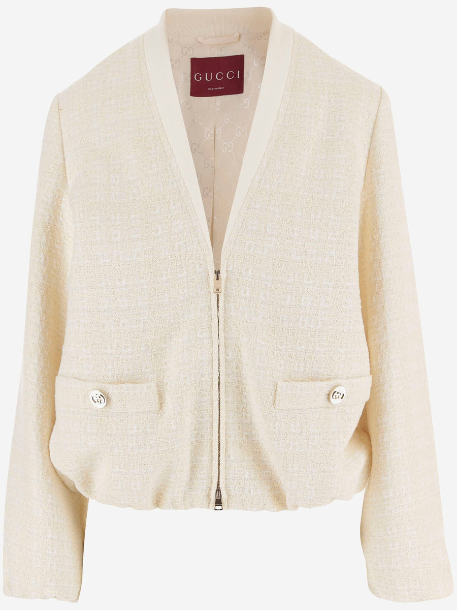 Checked Cotton Tweed Jacket Beige