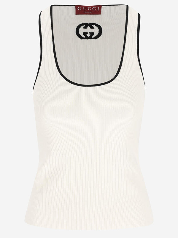 Ribbed Tank Top With Cross Inlay, White Viscose