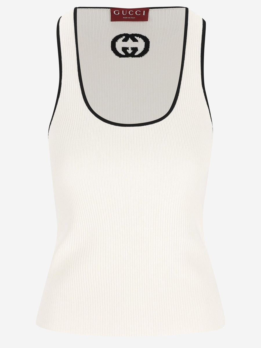 Ribbed Tank Top With Cross Inlay, White Viscose