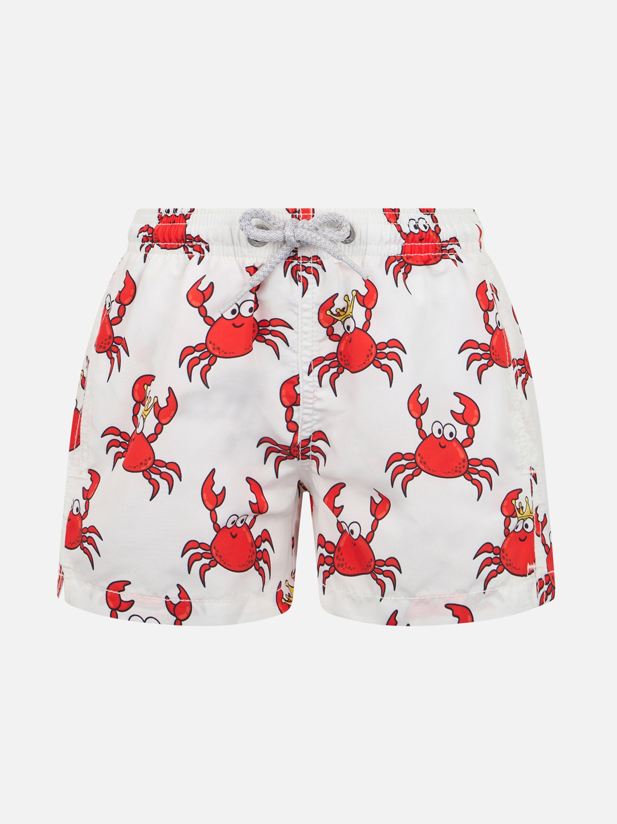 Boy Mid-Length Jean Swim-Shorts With King Crab Print White Swimshort