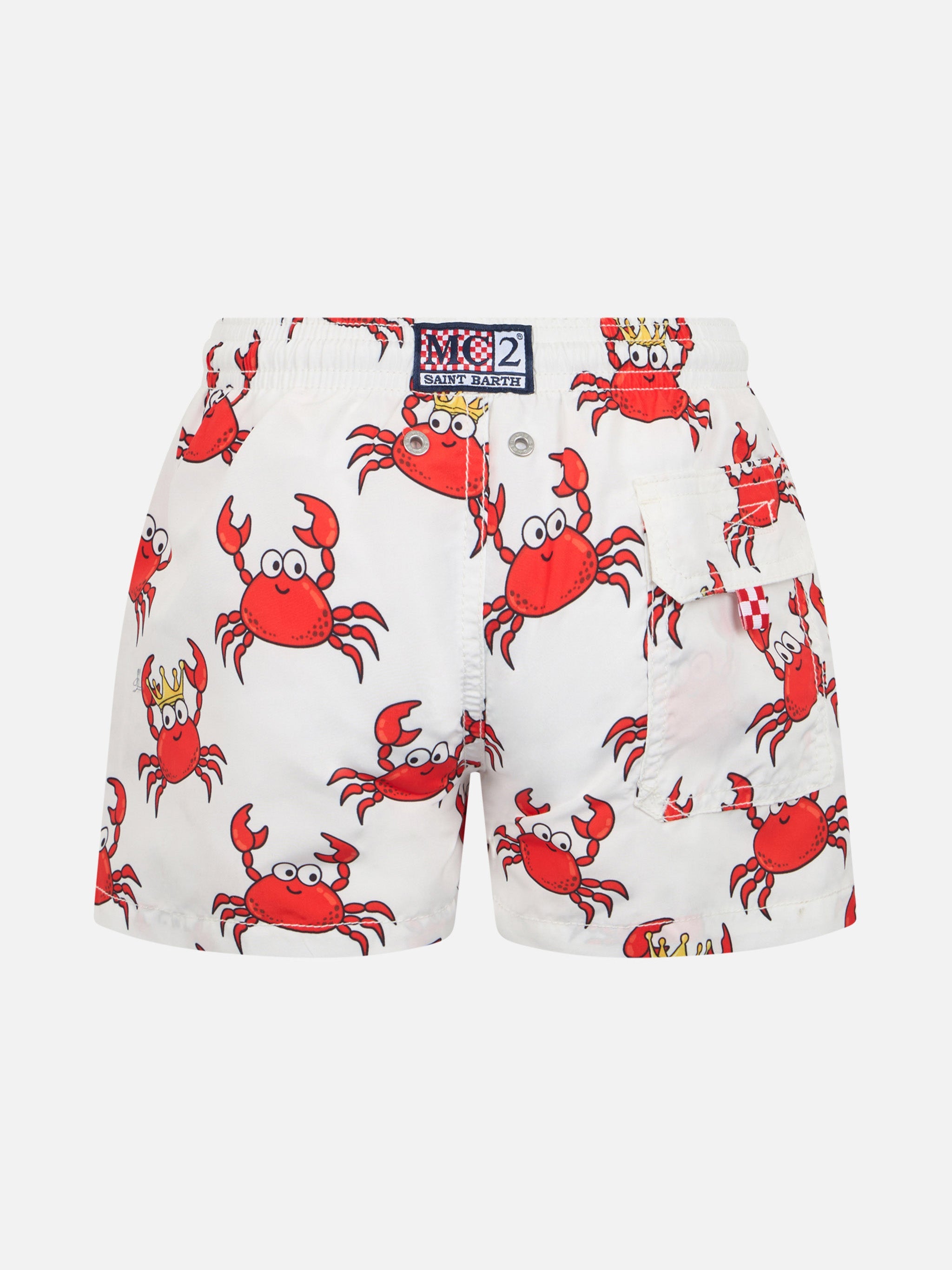 Boy Mid-Length Jean Swim-Shorts With King Crab Print White Swimshort