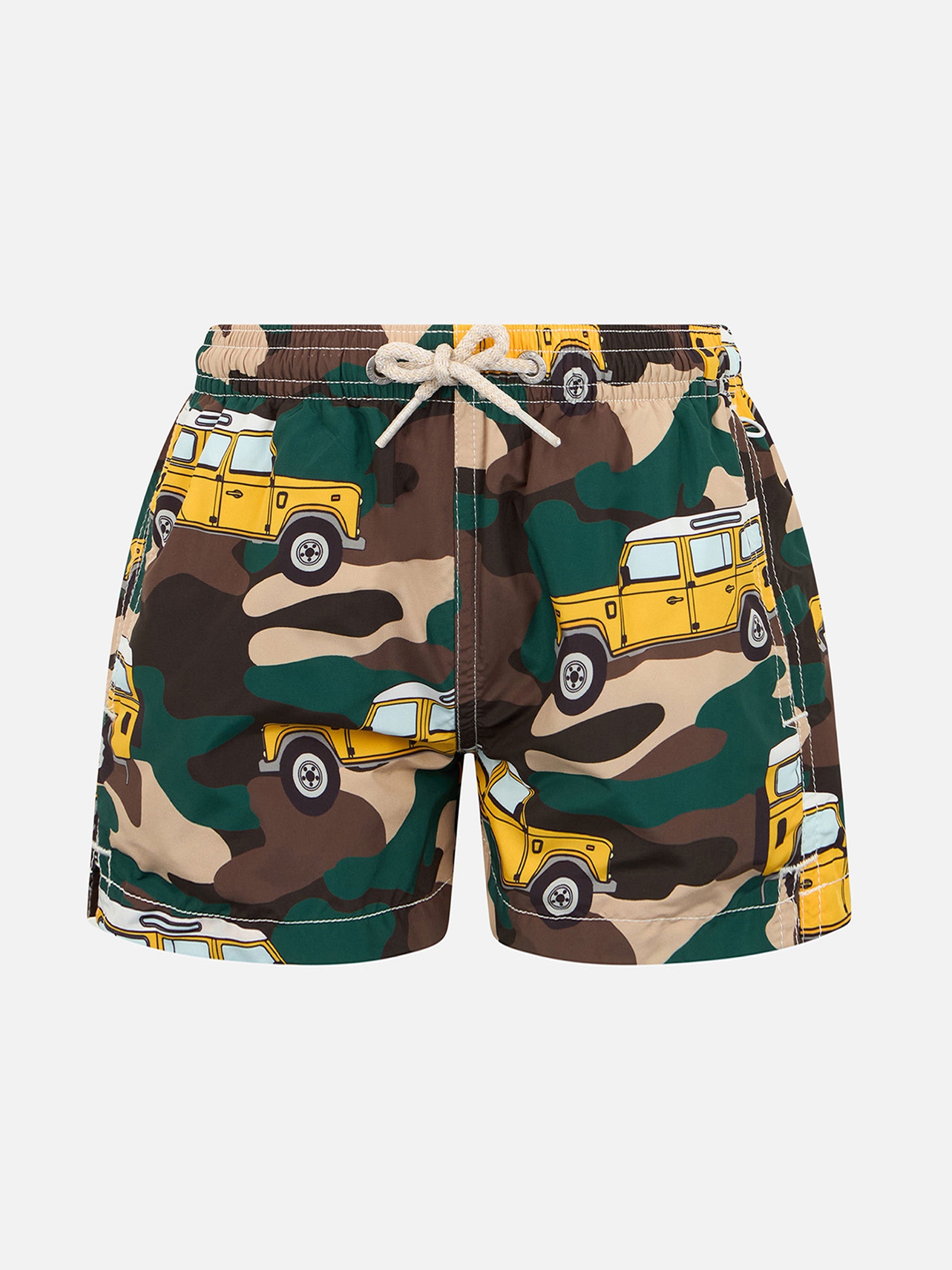 Boy Lightweight Fabric Swim-Shorts Jean Lighting With Off-Road Car Print Green Swimshort
