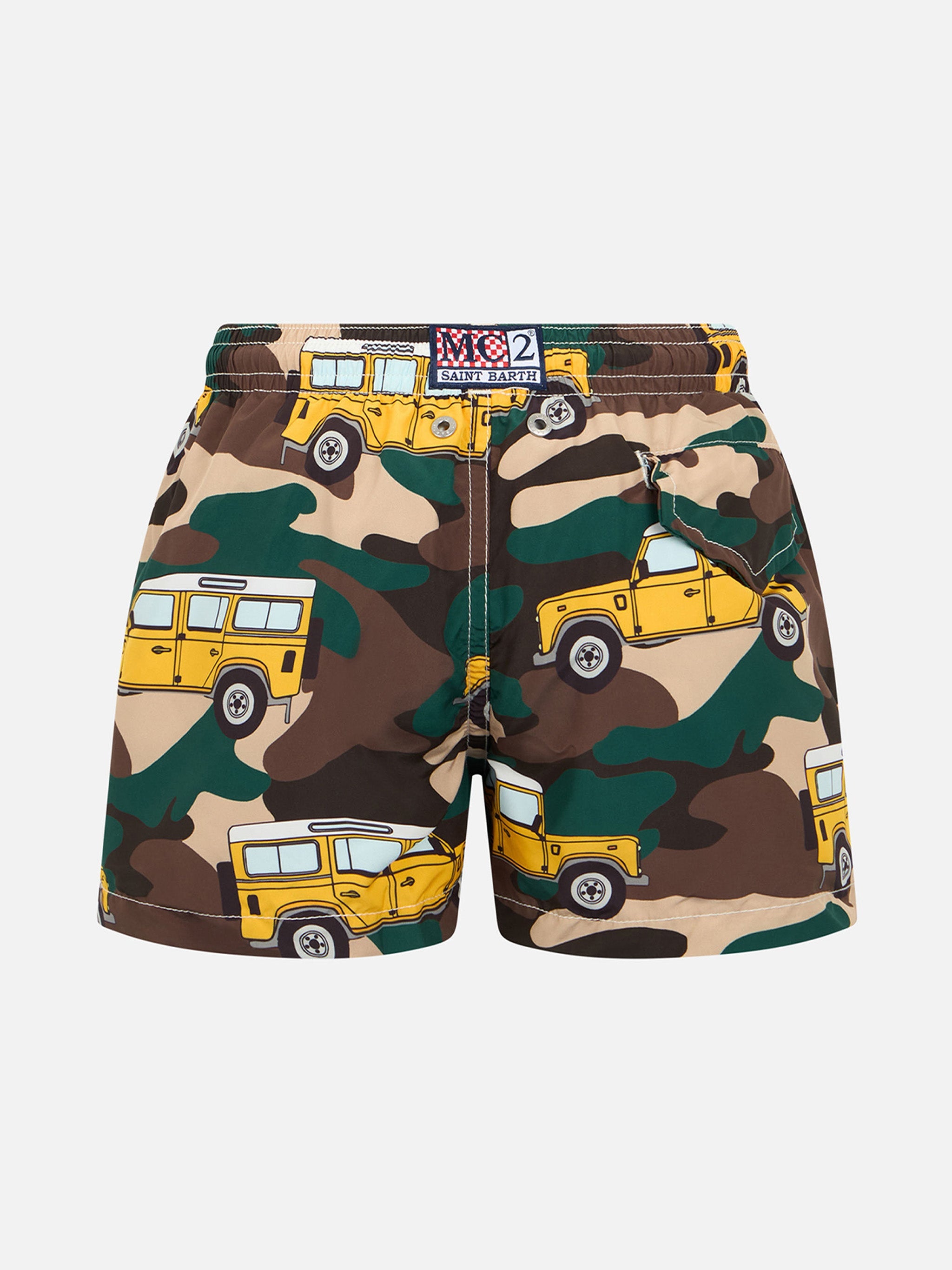 Boy Lightweight Fabric Swim-Shorts Jean Lighting With Off-Road Car Print Green Swimshort