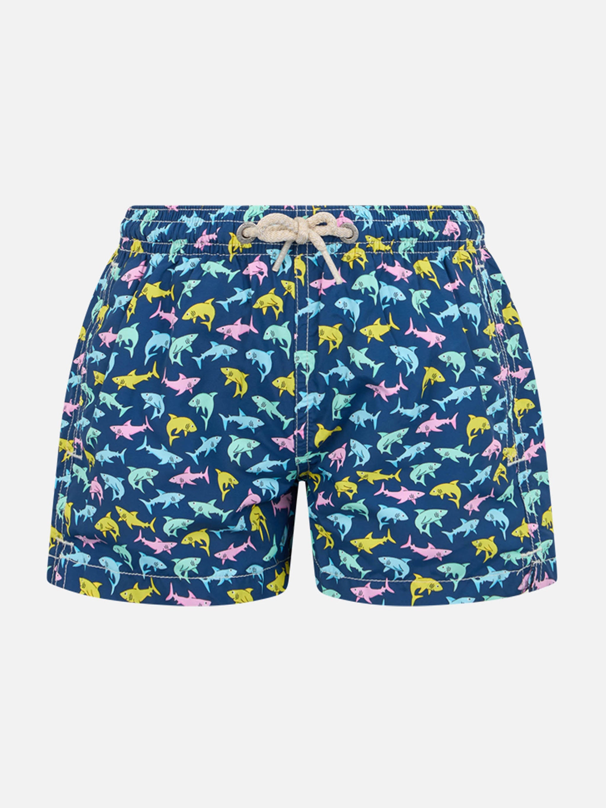 Boy Lightweight Fabric Swim-Shorts Jean Lighting With Sharks Print Blue Swimshort