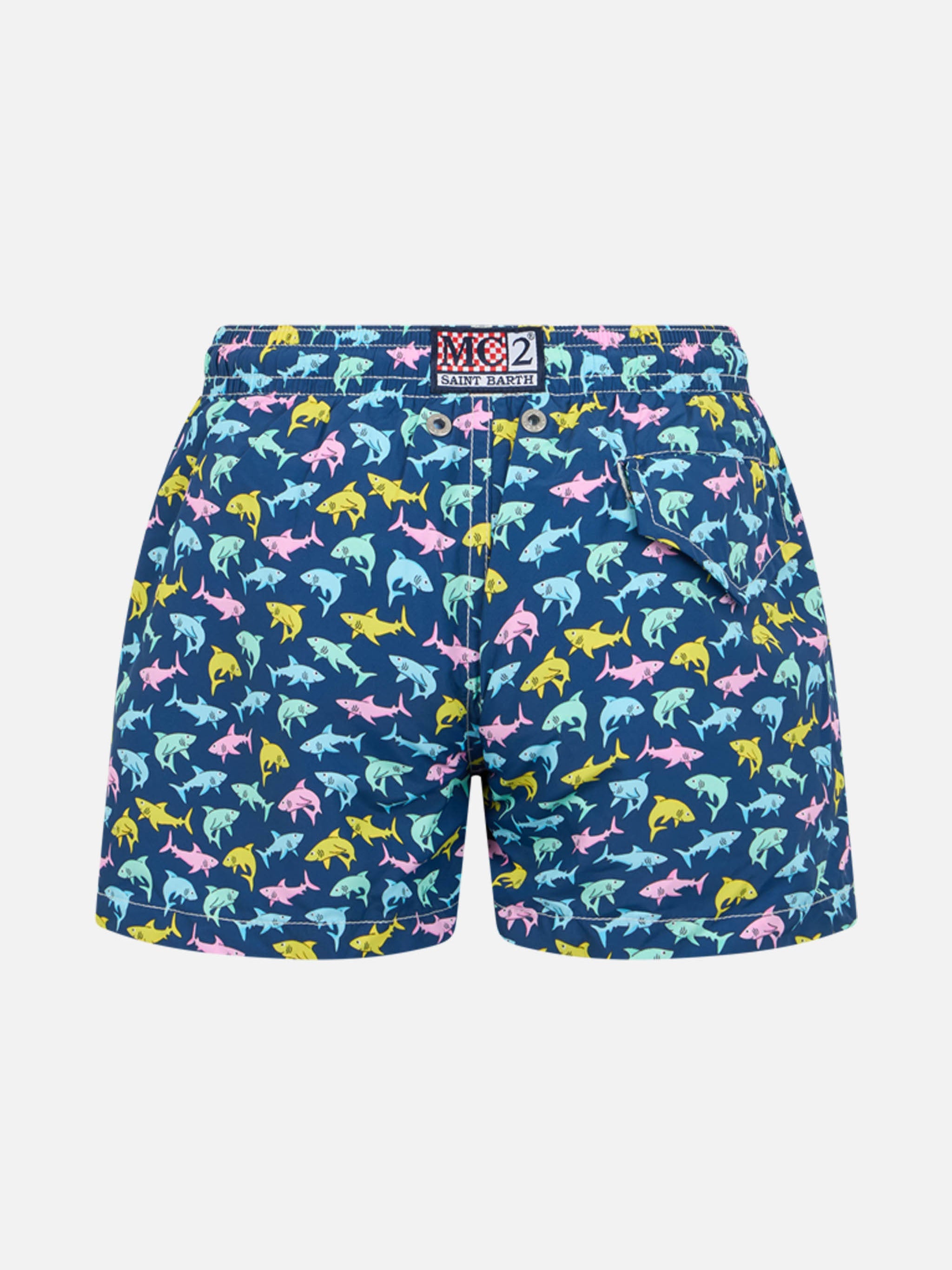 Boy Lightweight Fabric Swim-Shorts Jean Lighting With Sharks Print Blue Swimshort