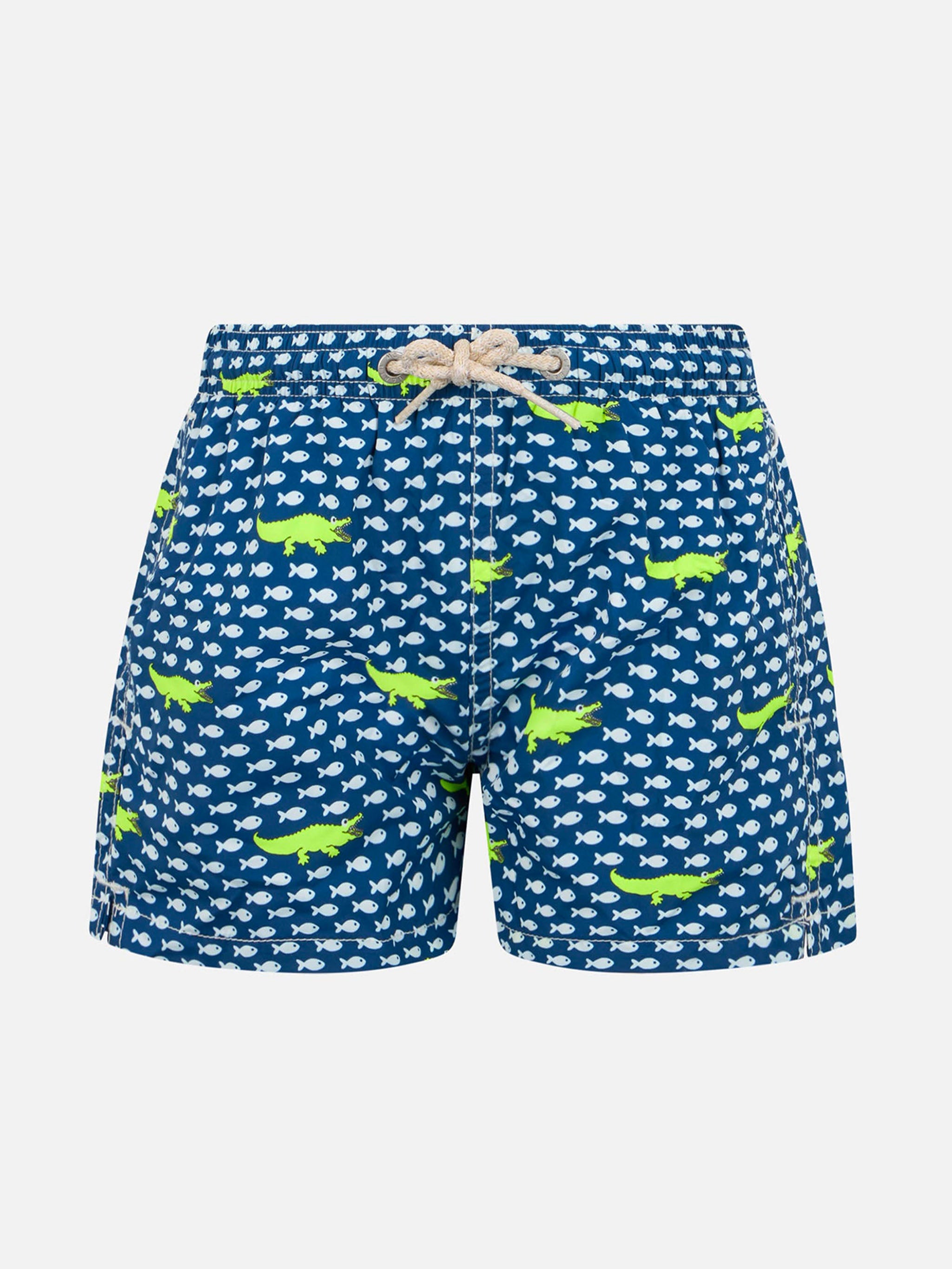 Boy Lightweight Fabric Swim-Shorts Jean Lighting With Crocodile Print Blue Swimshort