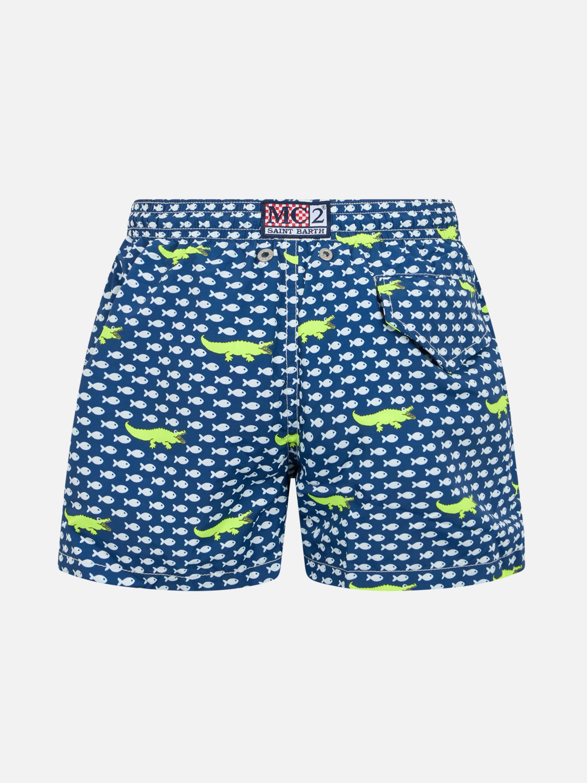 Boy Lightweight Fabric Swim-Shorts Jean Lighting With Crocodile Print Blue Swimshort