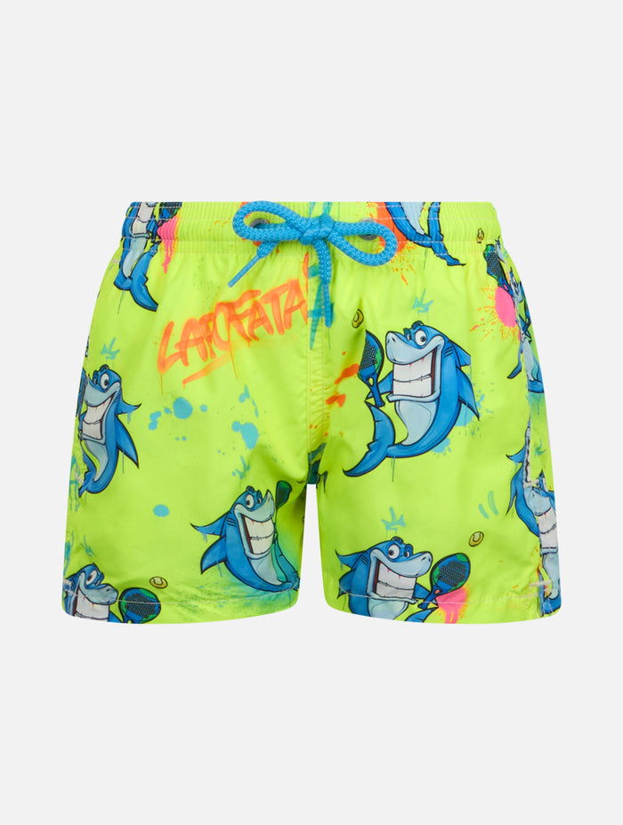 Boy Lightweight Fabric Swim-Shorts Jean Lighting With Crypto Shark Print | Cryptopuppets Special Edition Yellow Swimshort
