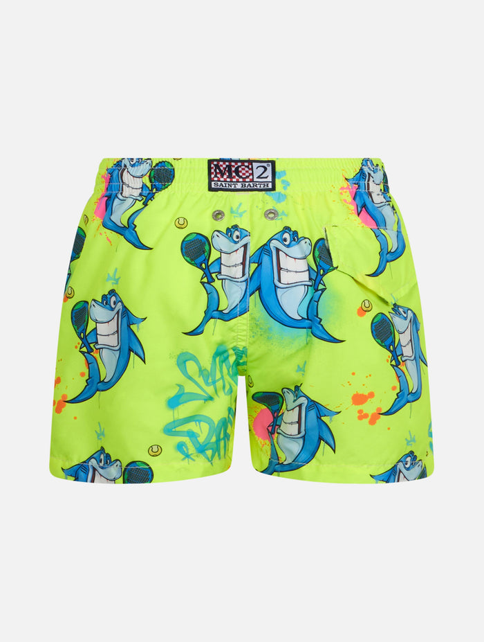Boy Lightweight Fabric Swim-Shorts Jean Lighting With Crypto Shark Print | Cryptopuppets Special Edition Yellow Swimshort