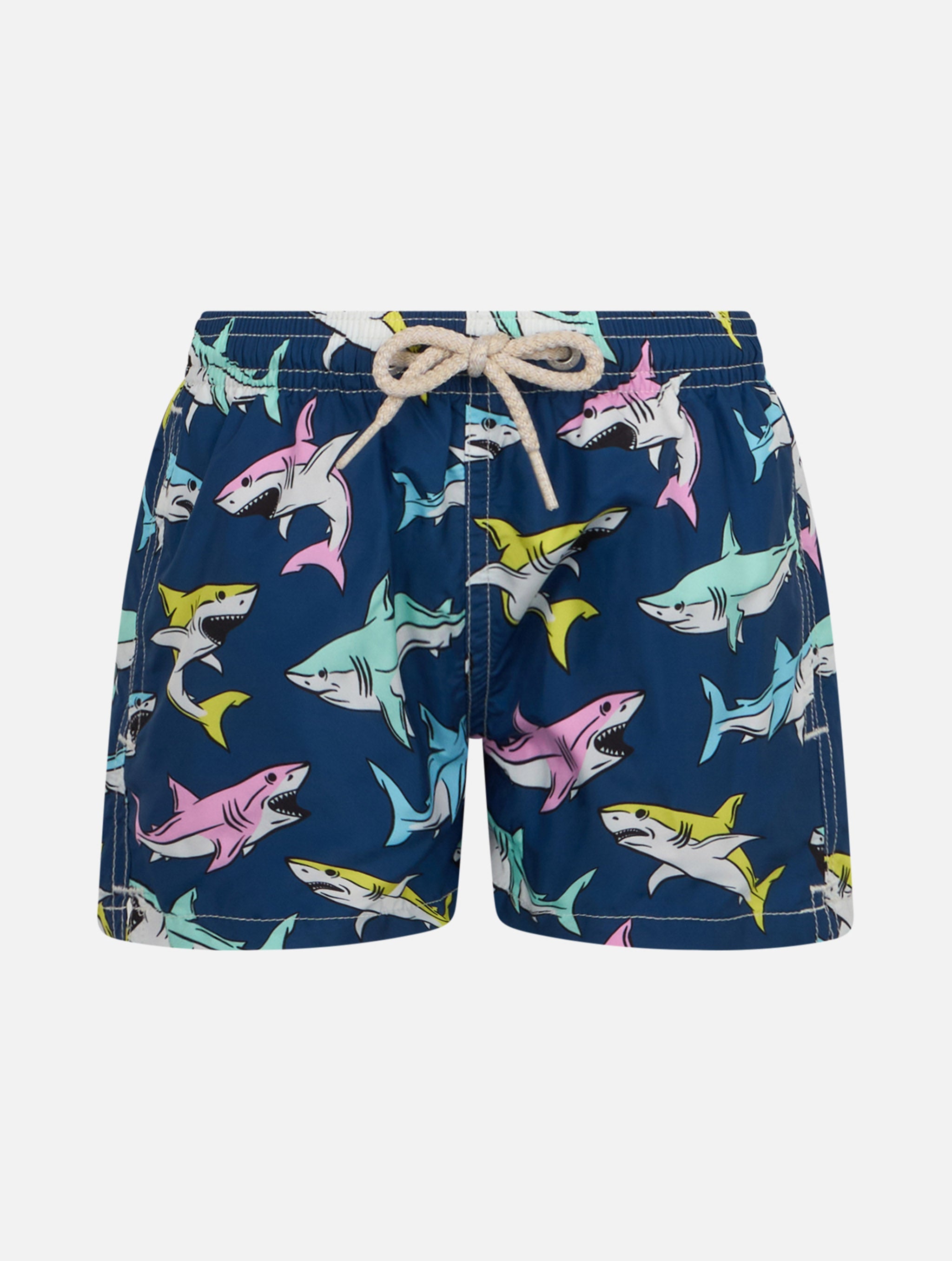 Boy Lightweight Fabric Swim-Shorts Jean Lighting With Sharks Print Blue Swimshort