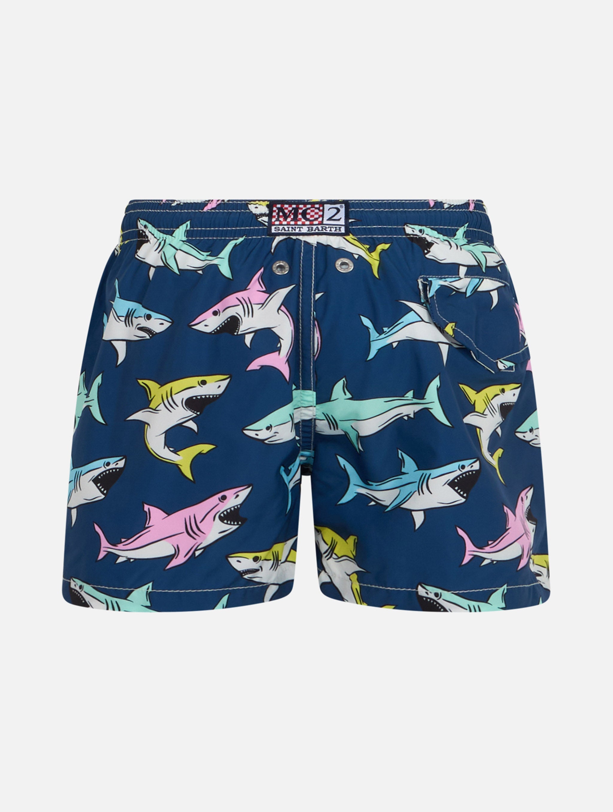 Boy Lightweight Fabric Swim-Shorts Jean Lighting With Sharks Print Blue Swimshort