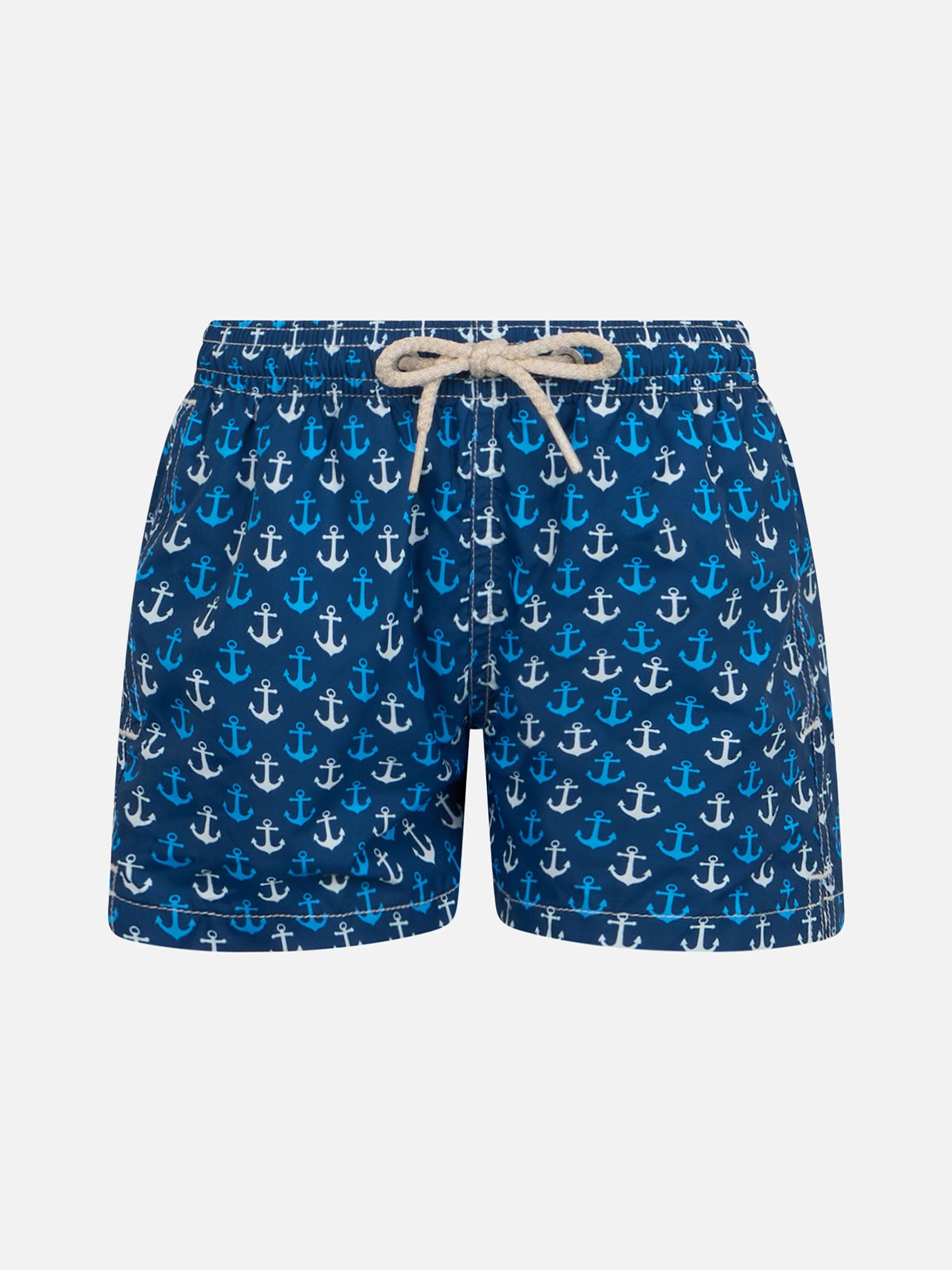 Boy Lightweight Fabric Swim-Shorts Jean Lighting With Anchor Print Blue Swimshort