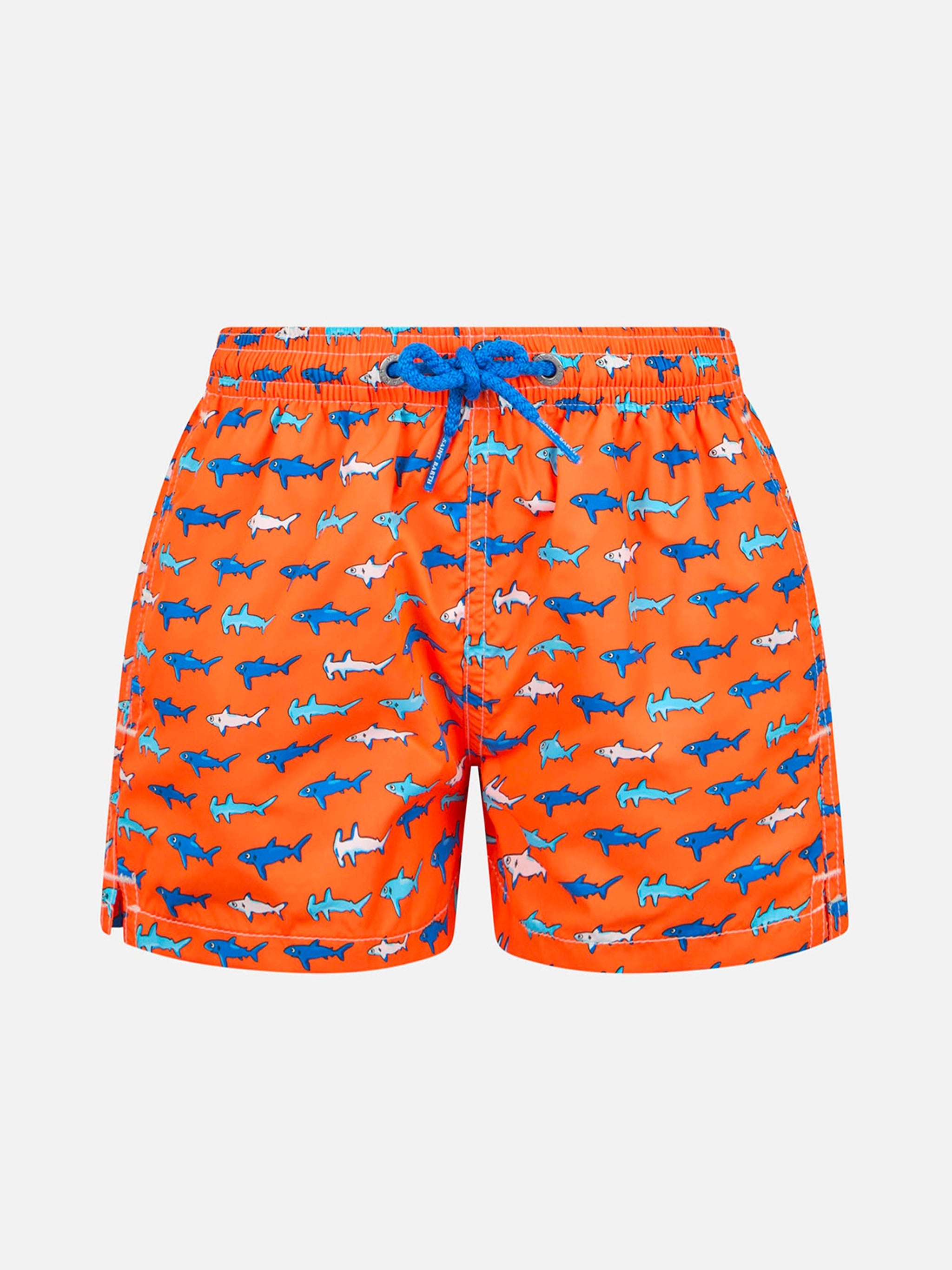 Boy Lightweight Fabric Swim-Shorts Jean Lighting With Sharks Print Orange Swimshort