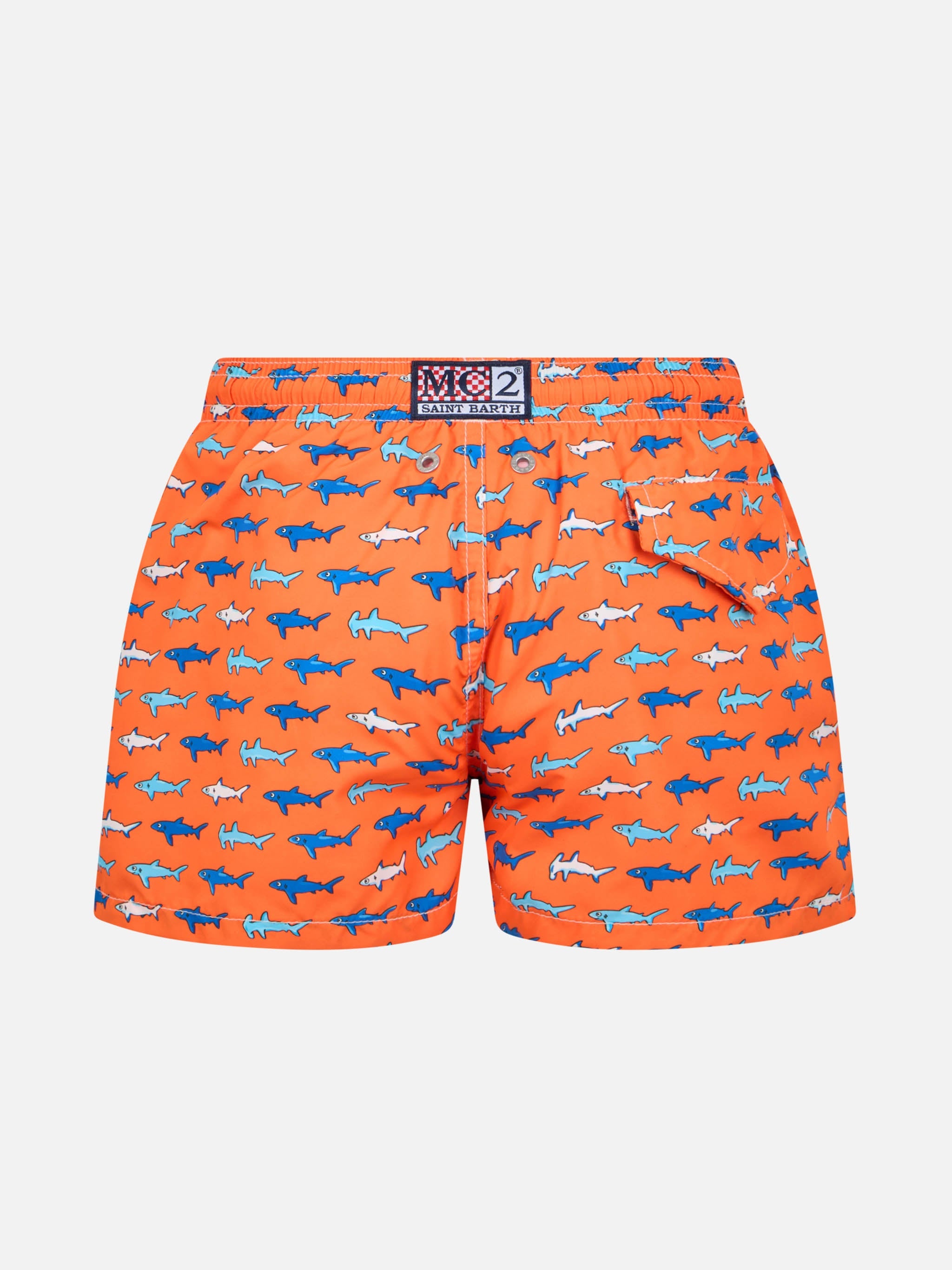 Boy Lightweight Fabric Swim-Shorts Jean Lighting With Sharks Print Orange Swimshort