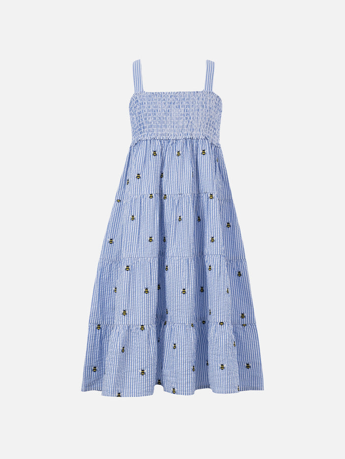 Girl Seersucker Dress Jemine Jr With Bee Embroidery Bluette