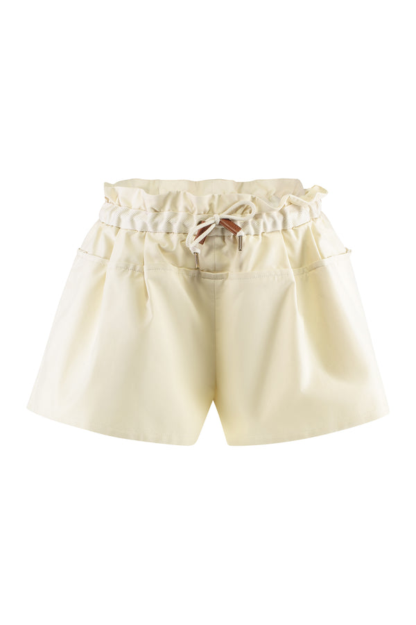 Drawstring Shorts With Faux-Leather Trim Cream Cotton; Faux Leather