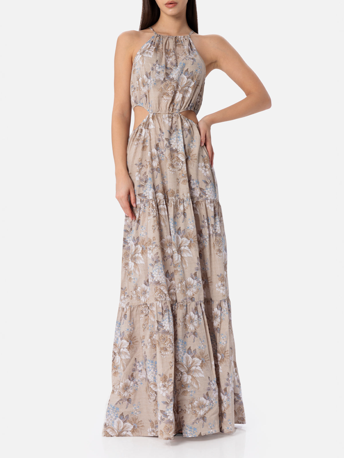 Kaby Long Cotton Dress With Floral Print Beige