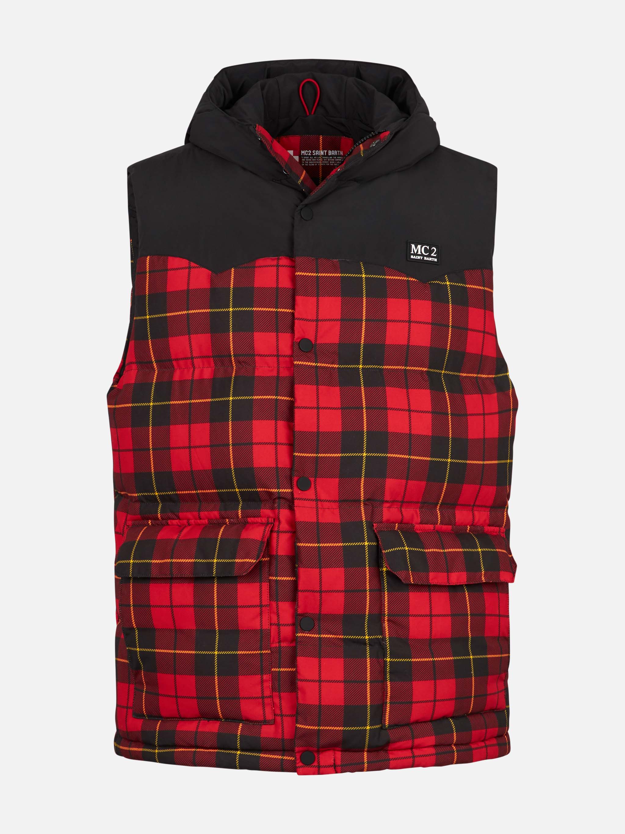 Man Tartan Down Vest Red Jacket