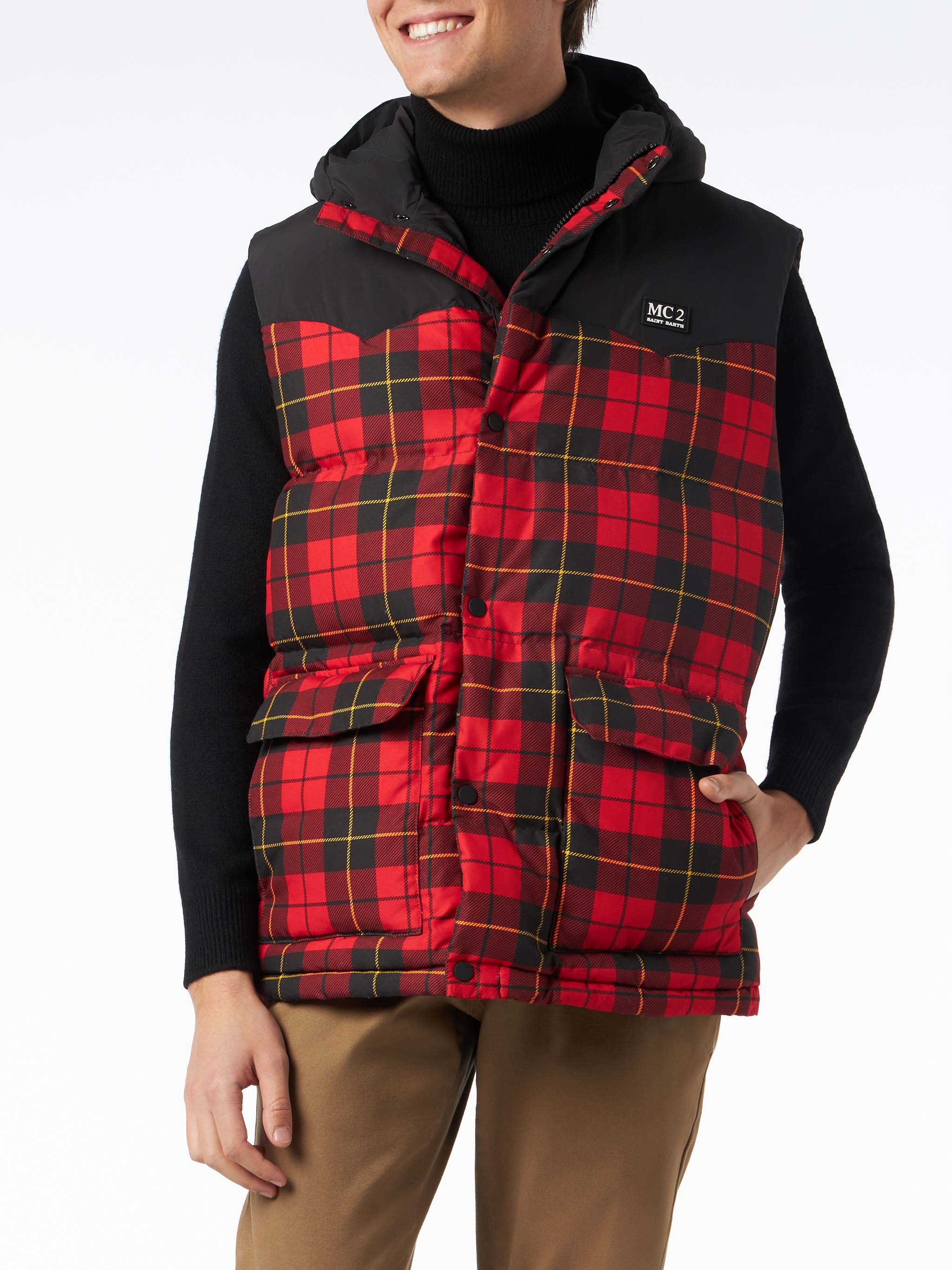 Man Tartan Down Vest Red Jacket