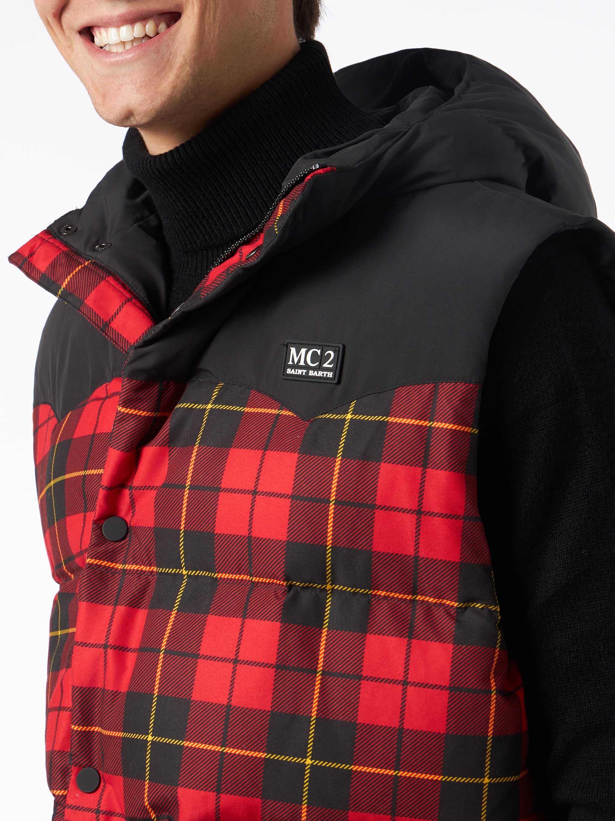 Man Tartan Down Vest Red Jacket