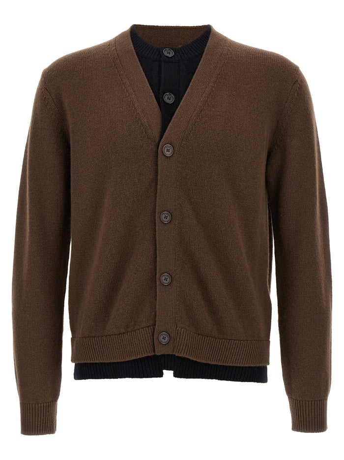 Contrast Layered cardigan Brown Wool Sweater, Cardigans