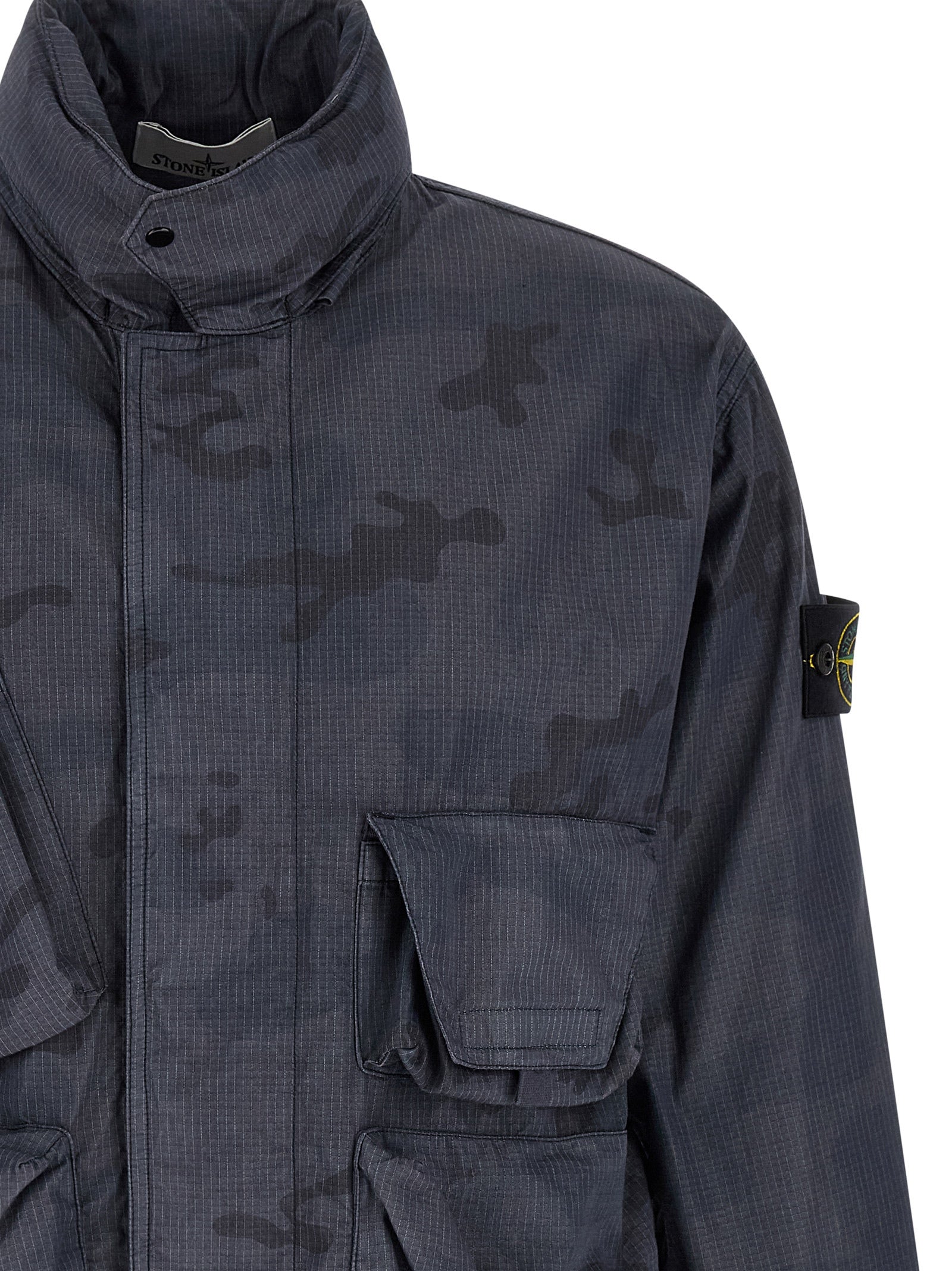 Camouflage Jacket Blue Polyamide Down Jacket, Parka, Casual