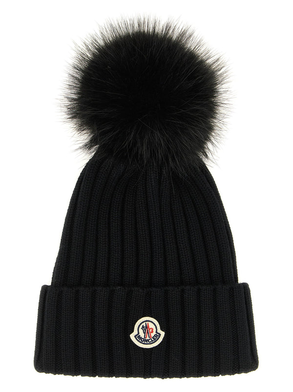 Moncler Ribbed Wool with Fur Pompom Beanie — Black
