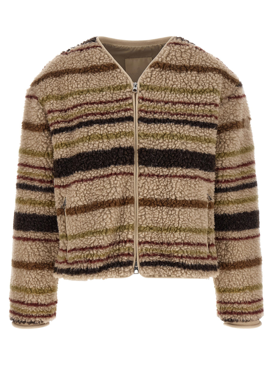 Moncler Teddy-Effect Striped Wool Blend Jacket — Beige