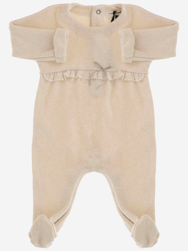 Cotton-Blend Onesie With Ruffles And Bow Ecru Jumpsuits