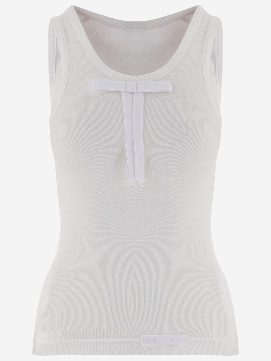 Ribbed Stretch Lyocell Top With Bow White Tops