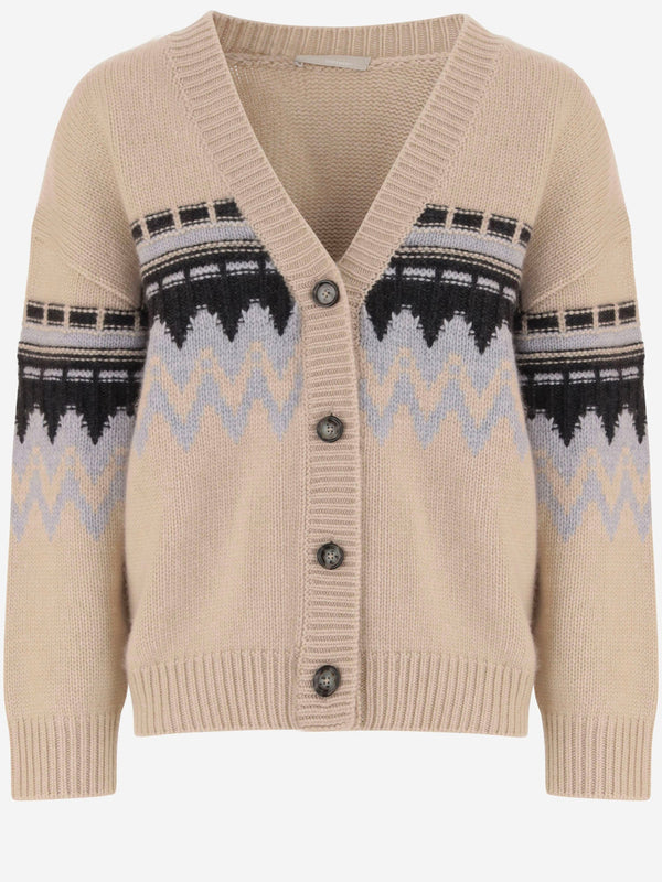 Cashmere Cardigan With Geometric Pattern Beige