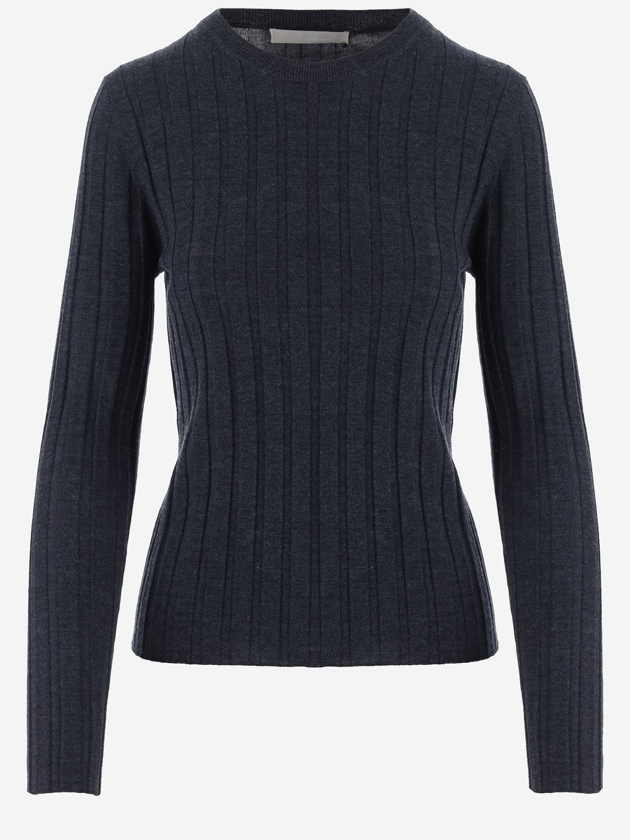 Ribbed Knit Wool Sweater Dark Grey