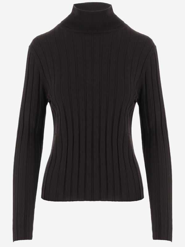 Wool High-Neck Ribbed Sweater Dark Brown