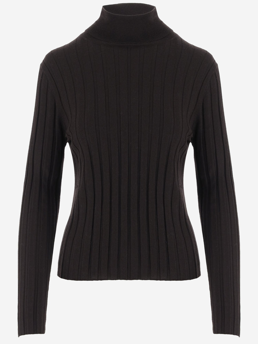 Wool High-Neck Ribbed Sweater Dark Brown