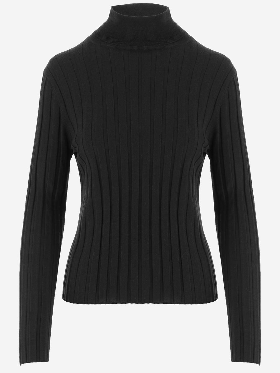 Wool High Neck Ribbed Sweater Black