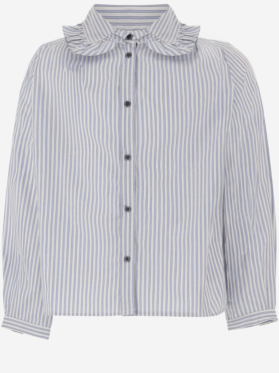 Shirt With Ruffled Collar, Blue Stripe Cotton