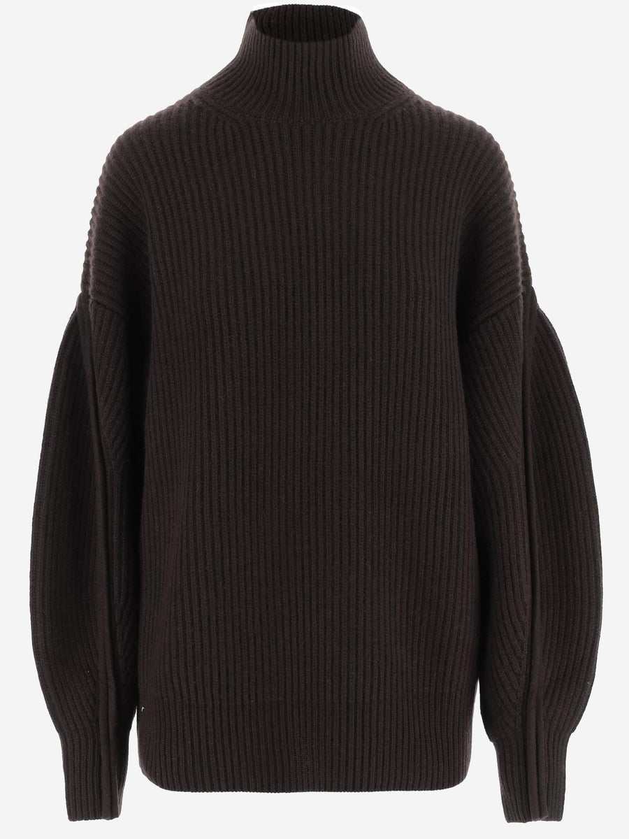 Sweater Ribbed Cashmere High Neck Brown